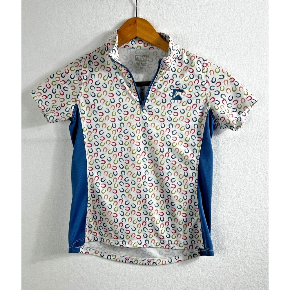 Riding Sport Shirt Kids M White Blue Horseshoe Print 0203641 Technical Schooling
